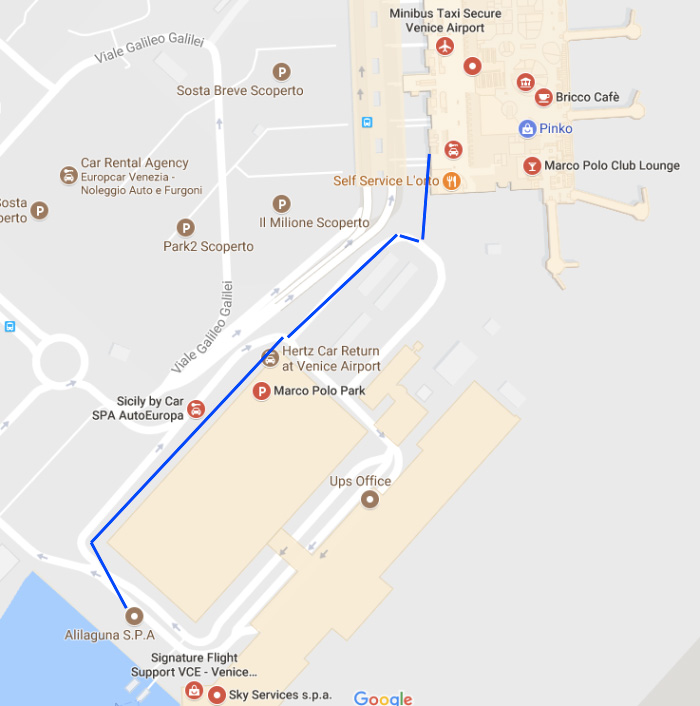 Схема пути из аэропорта Венеции до остановок водного транспорта